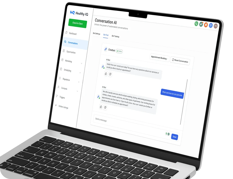 Healthy IQ platform on a laptop, showing the Conversation AI chatbot builder mid-conversation