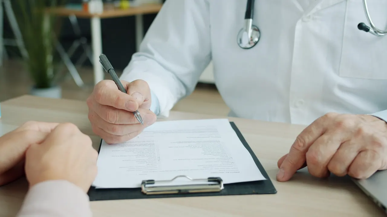Clinician and patient going through paperwork on a clipboard at a desk