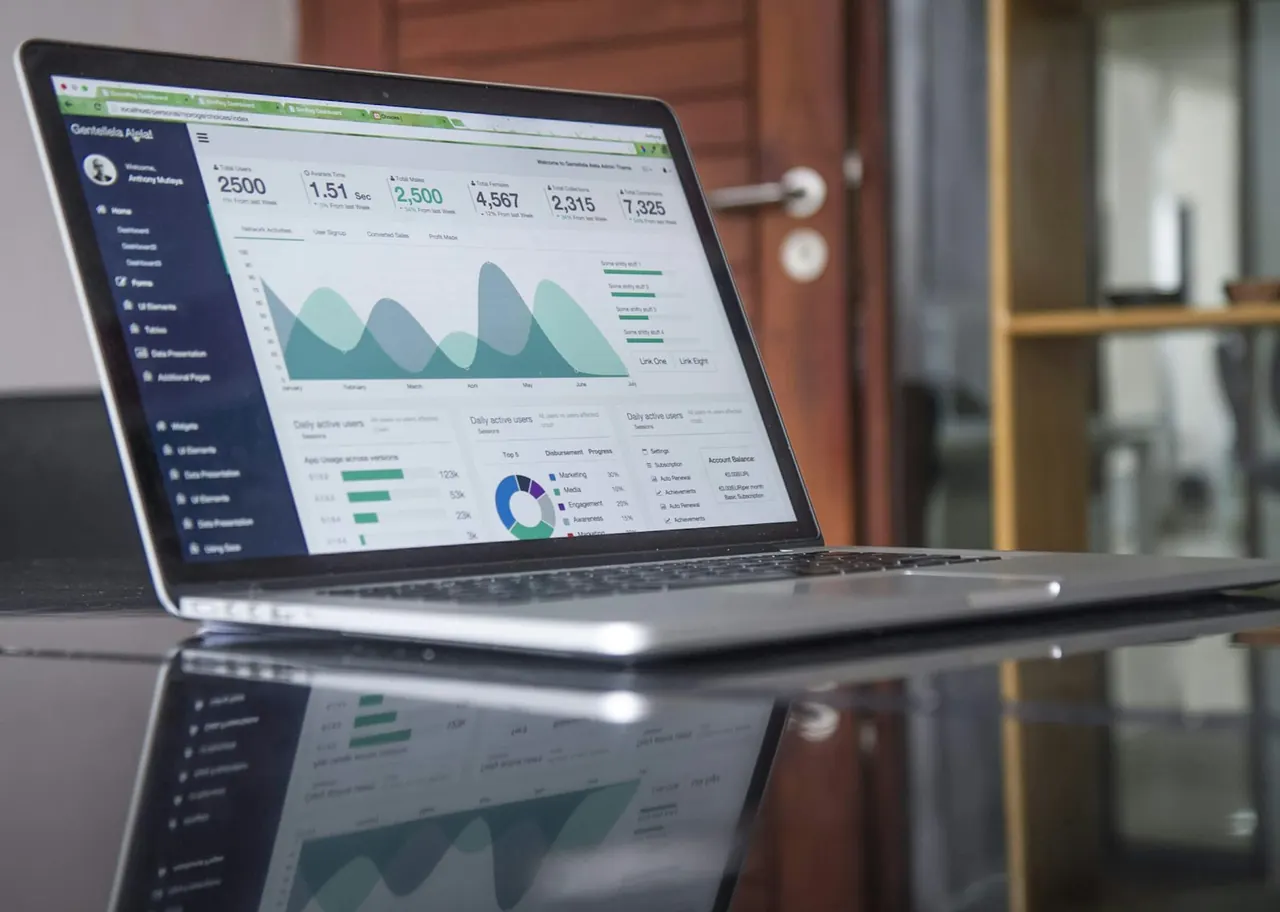Laptop on a desk showing an analytics dashboard of traffic and conversion charts